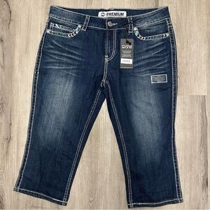 Warehouse Premium Denim Dark Blue Slim Embellished Denim Capris 14